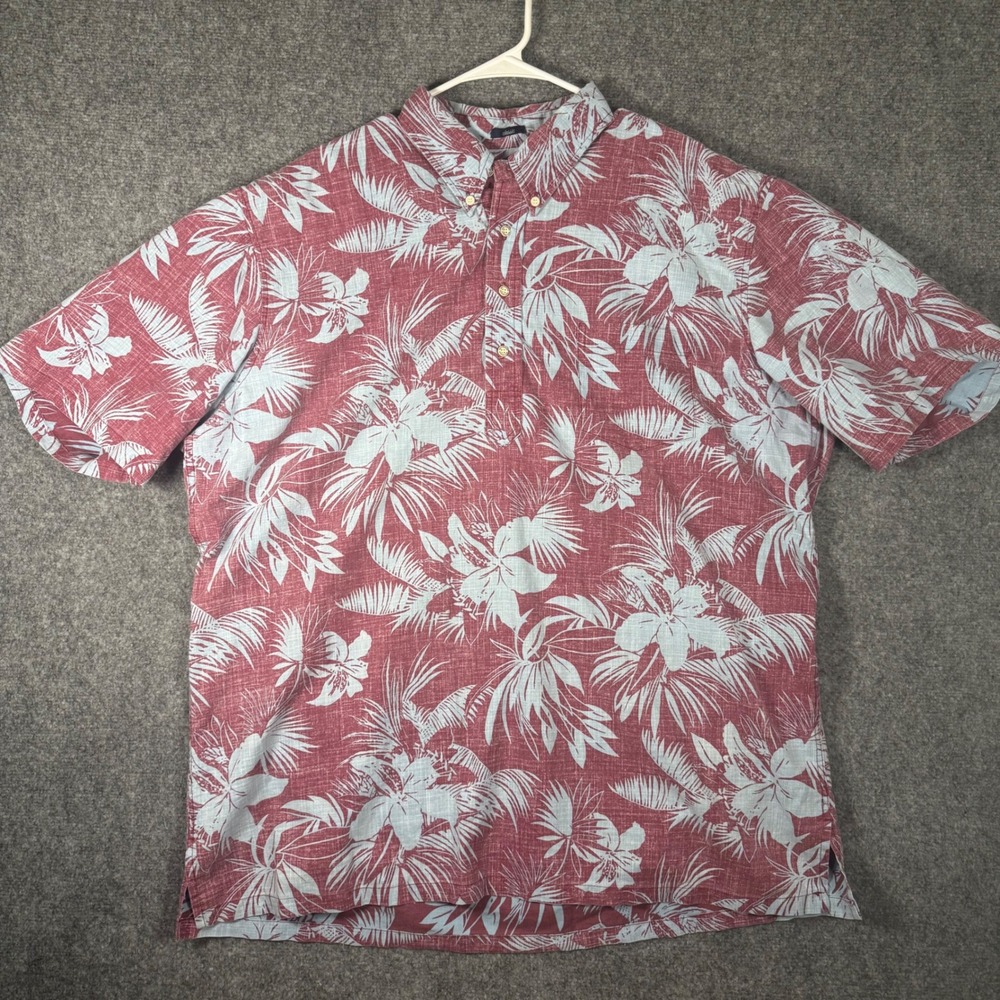 Reyn Spooner Reverse Print Half button Hawaiian shirt Mens XXL Red‎ Floral Aloha